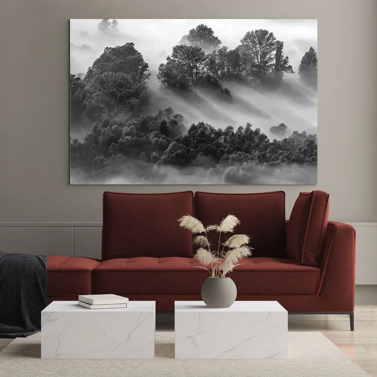 Cuadro sobre vidrio - Impresiones sobre Vidrio - Bosque brumoso a la luz del sol en blanco y negro - 100x70cm - Levantarse del sueño - Decoración de pared moderna para salón y dormitorio ARTTOR