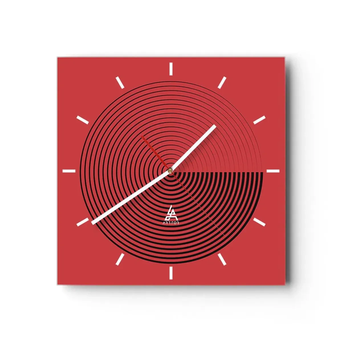 Reloj de pared - Reloj de vidrio - Círculos concéntricos sobre fondo rojo - 30x30cm - Movimiento circular - Decoración de pared moderna para salón y dormitorio ARTTOR