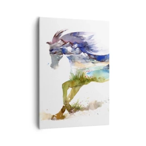 Cuadro sobre lienzo - Impresión de Imagen - Acuarela de un caballo con un paisaje de montaña en silueta. - 50x70cm - De la pradera al cielo - Decoración de pared moderna para salón y dormitorio ARTTOR