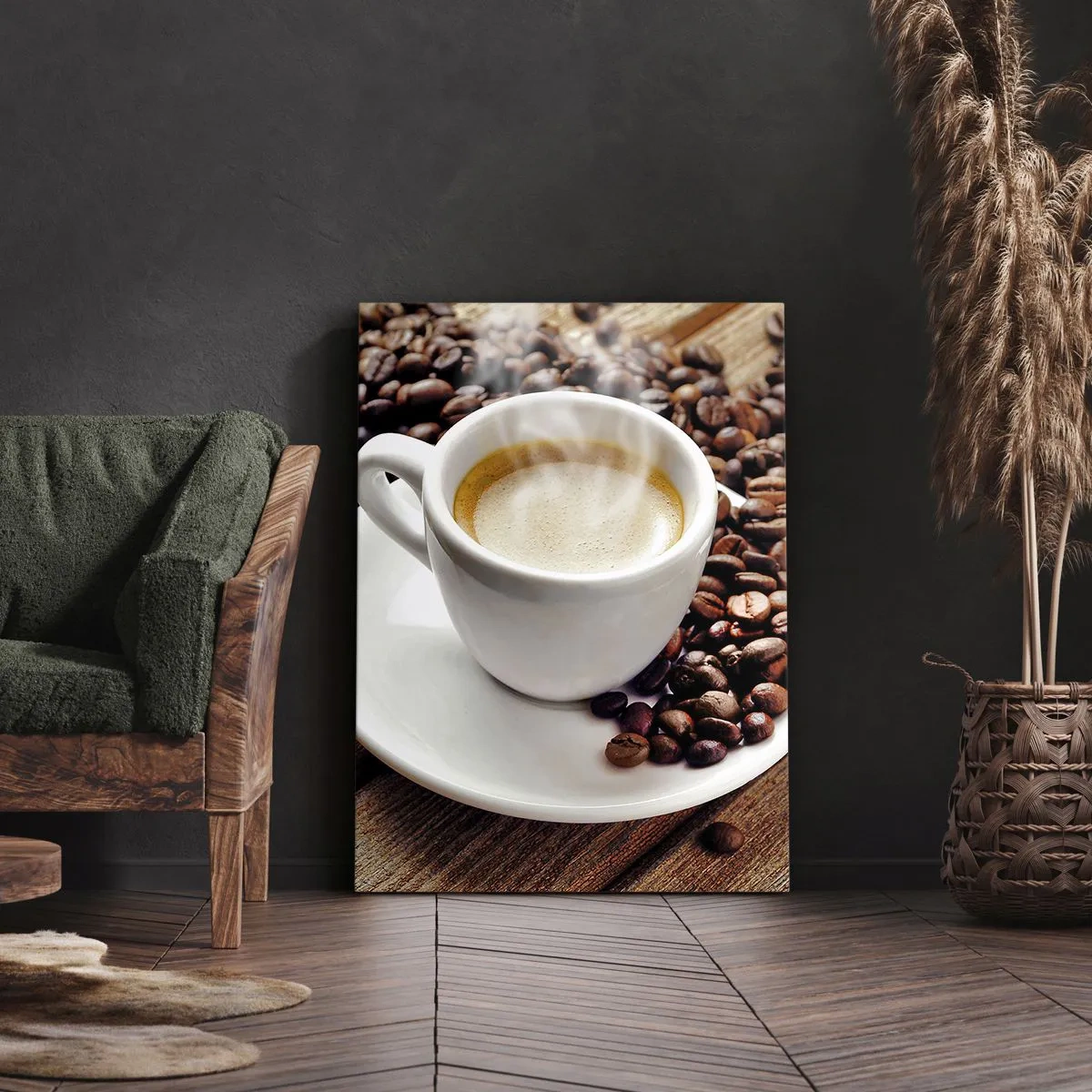 Cuadro sobre lienzo - Impresión de Imagen - Una taza de café aromático sobre un fondo de granos y una hoja. - 70x100cm - Café en el banco - Decoración de pared moderna para salón y dormitorio ARTTOR