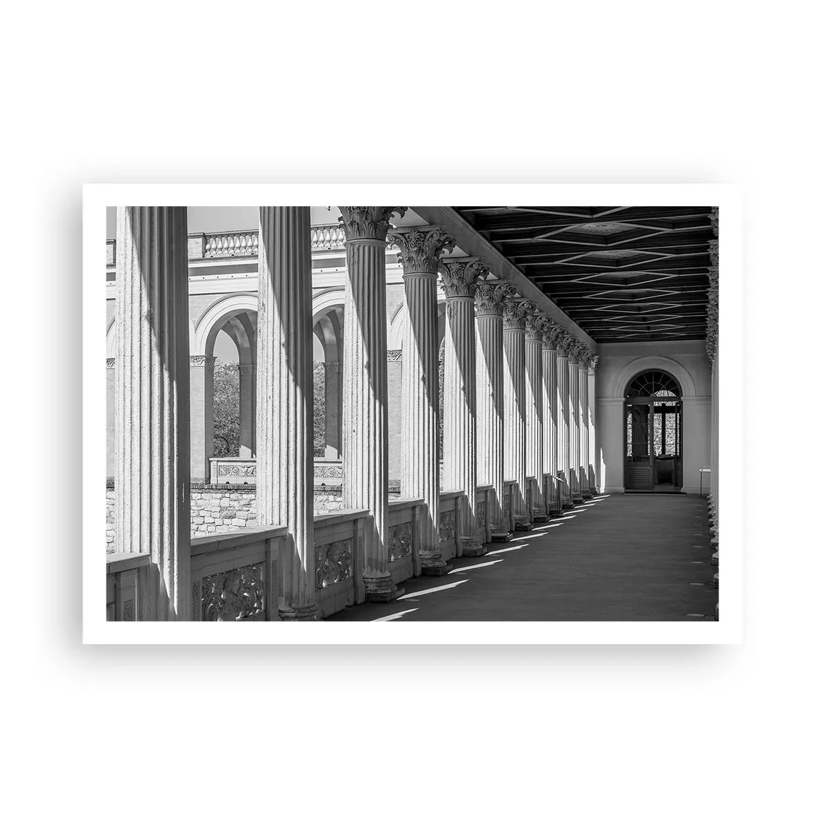Póster - Columnata de estilo clásico en blanco y negro - 100x70cm - Galería soleada - Decoración de pared moderna para salón y dormitorio ARTTOR