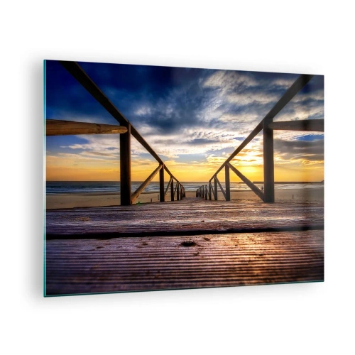 Cuadro sobre vidrio - Impresiones sobre Vidrio - Muelle que conduce a la playa al atardecer - 70x50cm - Directamente hacia una playa tranquila al atardecer - Decoración de pared moderna para salón y dormitorio ARTTOR