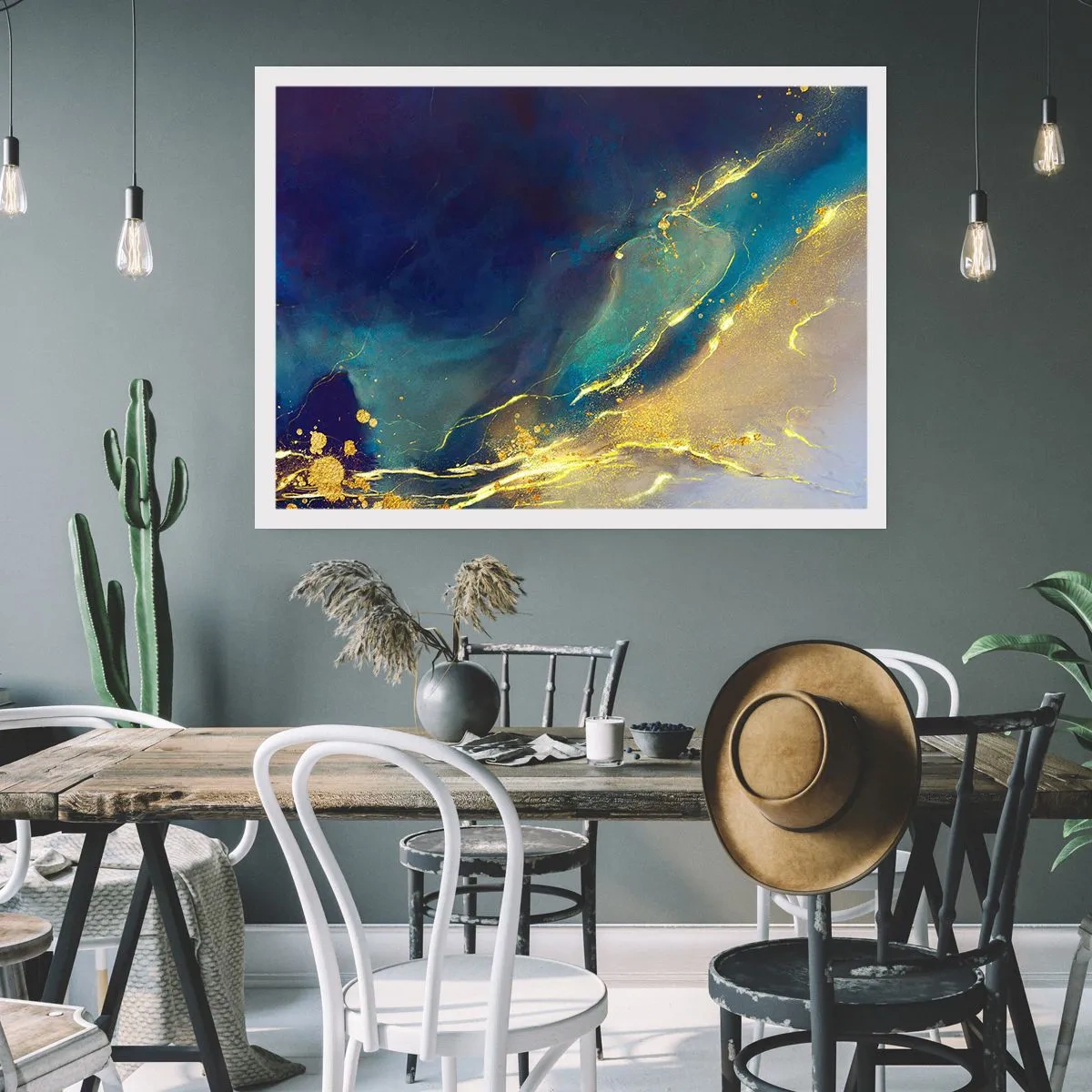 Póster - Composición abstracta en tonos azules y dorados sobre lienzo. - 100x70cm - Inundación dorada - Decoración de pared moderna para salón y dormitorio ARTTOR