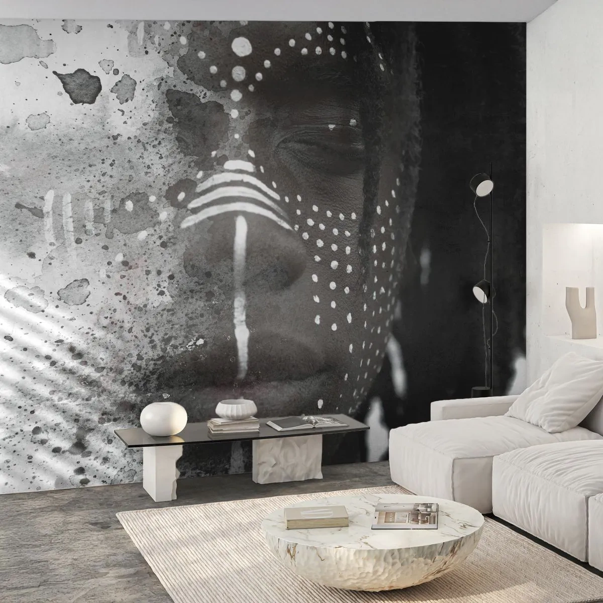 Fotomural Premium Canvas - Retrato artístico de rostro con patrones abstractos blancos. - 100x70cm - Descubrimiento del espíritu original - Decoración de pared moderna para salón y dormitorio ARTTOR