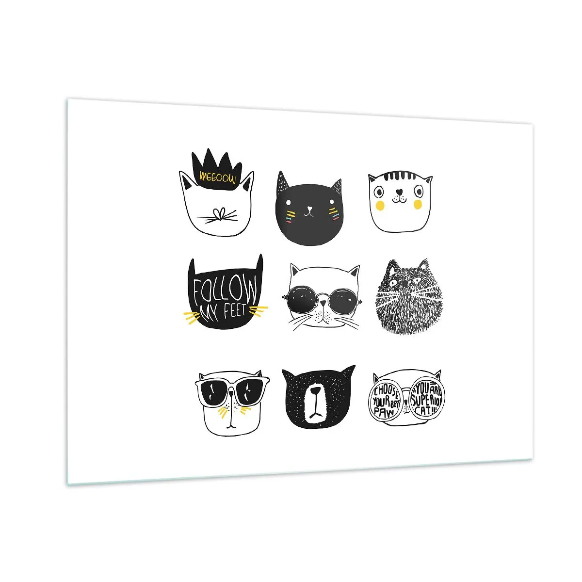 Cuadro sobre vidrio - Impresiones sobre Vidrio - Ilustraciones de adorables gatos en estilo minimalista. - 100x70cm - Cada uno diferente - Decoración de pared moderna para salón y dormitorio ARTTOR