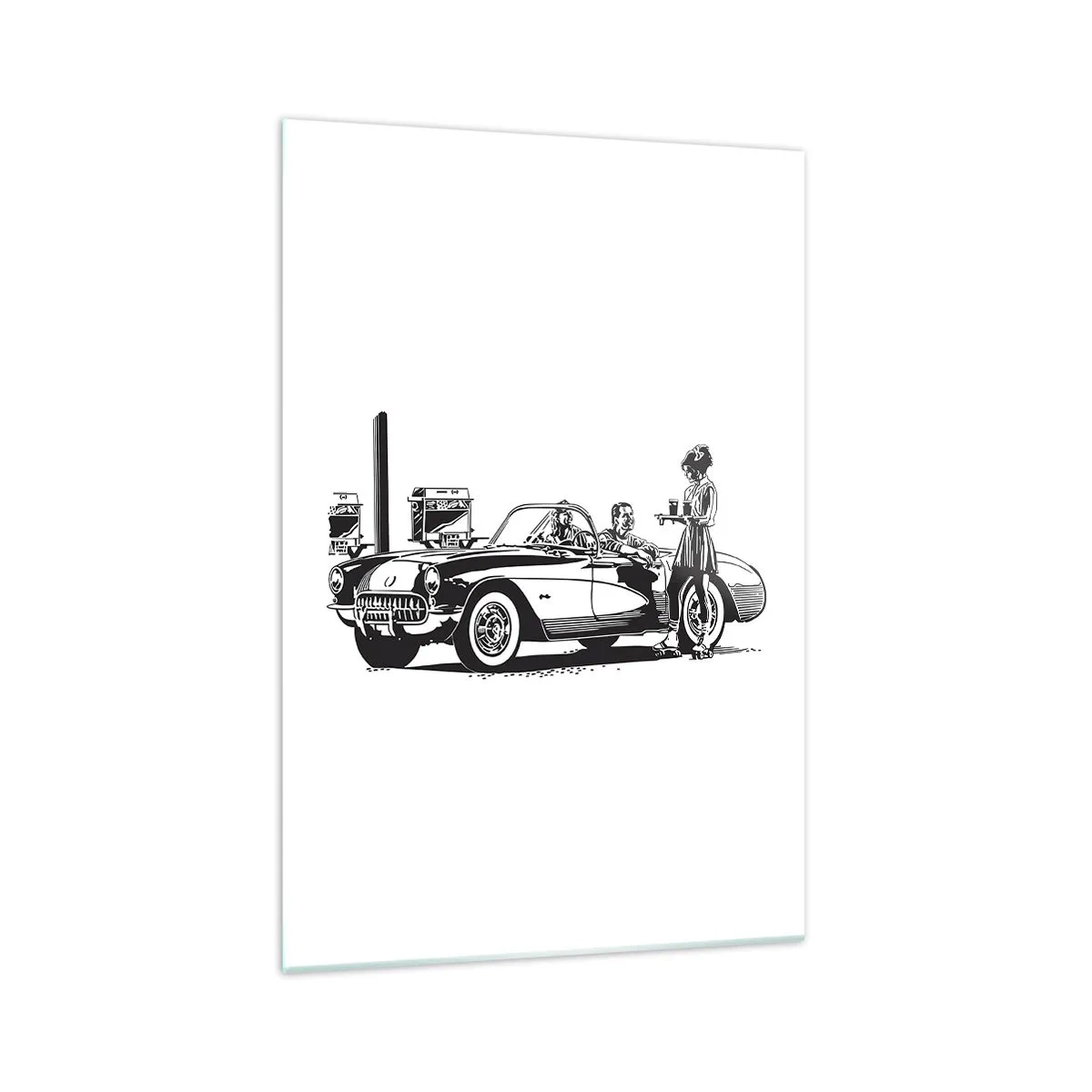 Cuadro sobre vidrio - Impresiones sobre Vidrio - Una escena retro en blanco y negro con un coche y una camarera en patines. - 70x100cm - Años 60 - la América despreocupada - Decoración de pared moderna para salón y dormitorio ARTTOR