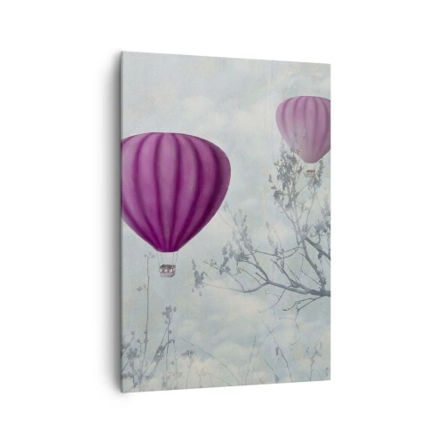 Cuadro sobre lienzo - Impresión de Imagen - Globos morados flotando sobre los árboles en las nubes. - 70x100cm - Surcando los cielos - Decoración de pared moderna para salón y dormitorio ARTTOR