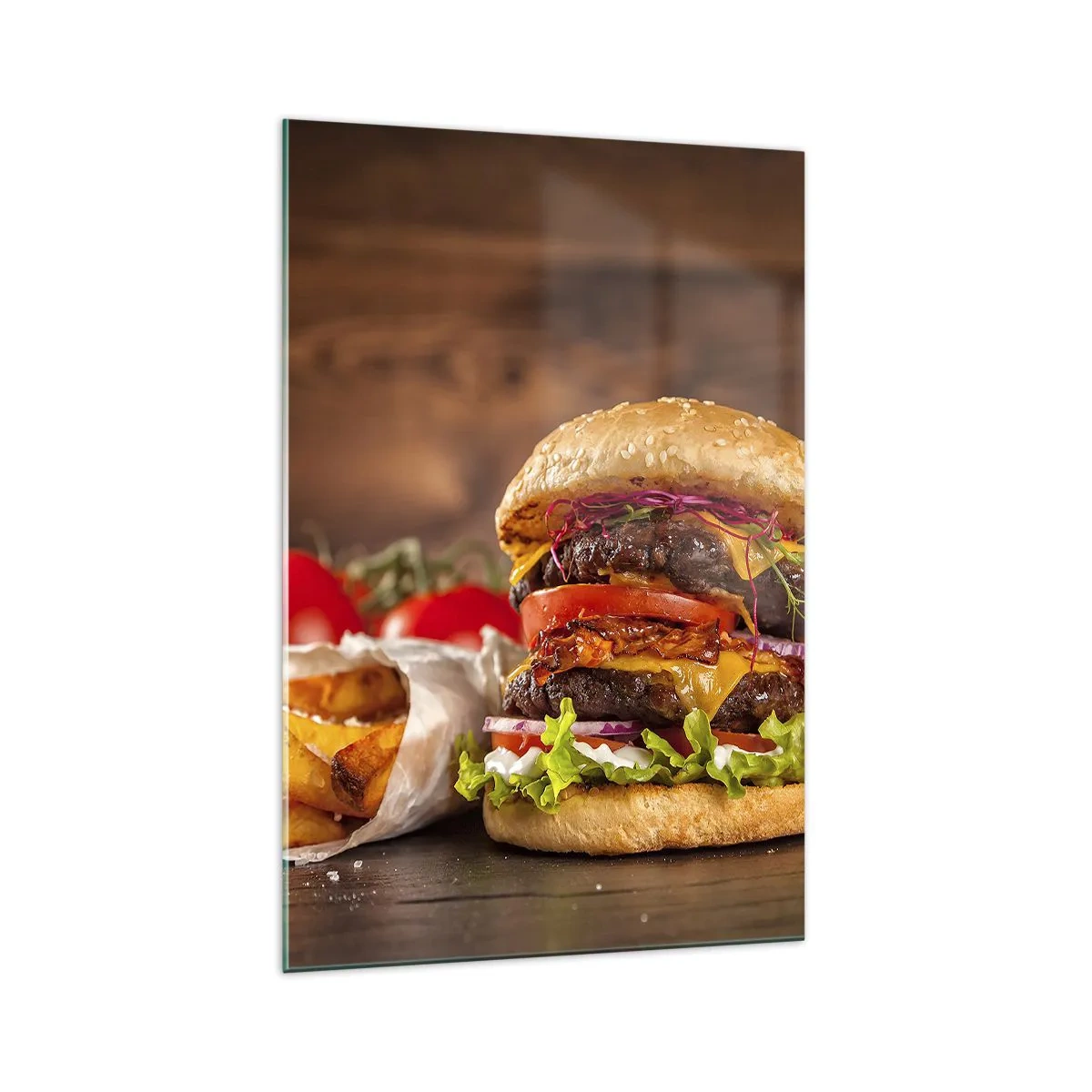 Cuadro sobre vidrio - Impresiones sobre Vidrio - Apetitosa hamburguesa con extras - 70x100cm - Fruta prohibida - Decoración de pared moderna para salón y dormitorio ARTTOR