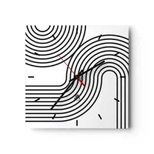 Reloj de pared - Reloj de vidrio - Una pintura abstracta con líneas negras que crean patrones geométricos sobre un fondo blanco. - 30x30cm - En una curva - Decoración de pared moderna para salón y dormitorio ARTTOR