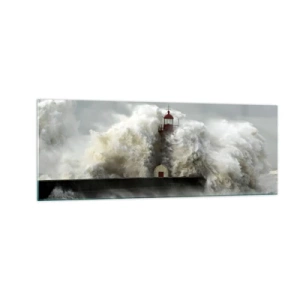 Cuadro sobre vidrio - Impresiones sobre Vidrio - Un faro rodeado de fuertes olas durante una tormenta. - 140x50cm - La furia del océano - Decoración de pared moderna para salón y dormitorio ARTTOR