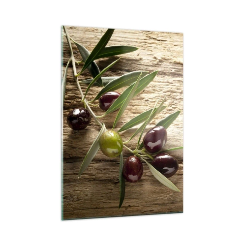 Cuadro sobre vidrio - Impresiones sobre Vidrio - Rama de olivo sobre un fondo de madera - 50x70cm - Directamente de la naturaleza - Decoración de pared moderna para salón y dormitorio ARTTOR