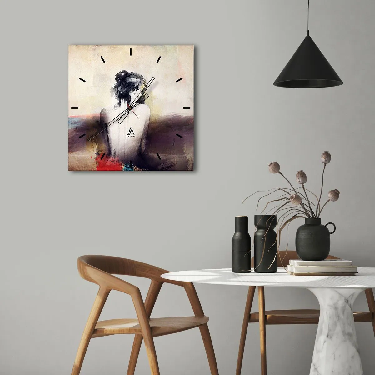 Reloj de pared - Reloj de vidrio - Un retrato sutil de una mujer en estilo artístico. - 30x30cm - Líneas suaves, formas ovaladas - Decoración de pared moderna para salón y dormitorio ARTTOR