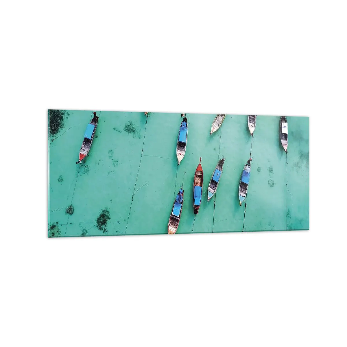 Cuadro sobre vidrio - Impresiones sobre Vidrio - Una vista aérea de barcos en aguas turquesas. - 120x50cm - En alegre espera - Decoración de pared moderna para salón y dormitorio ARTTOR