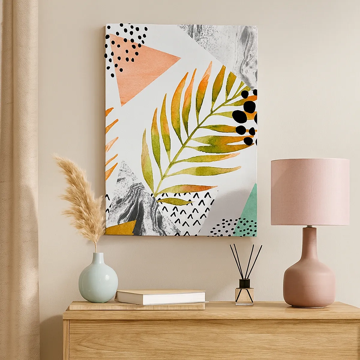 Cuadro sobre lienzo - Impresión de Imagen - Patrón tropical con hojas y formas geométricas. - 50x70cm - Decoración con hojas de palmera - Decoración de pared moderna para salón y dormitorio ARTTOR