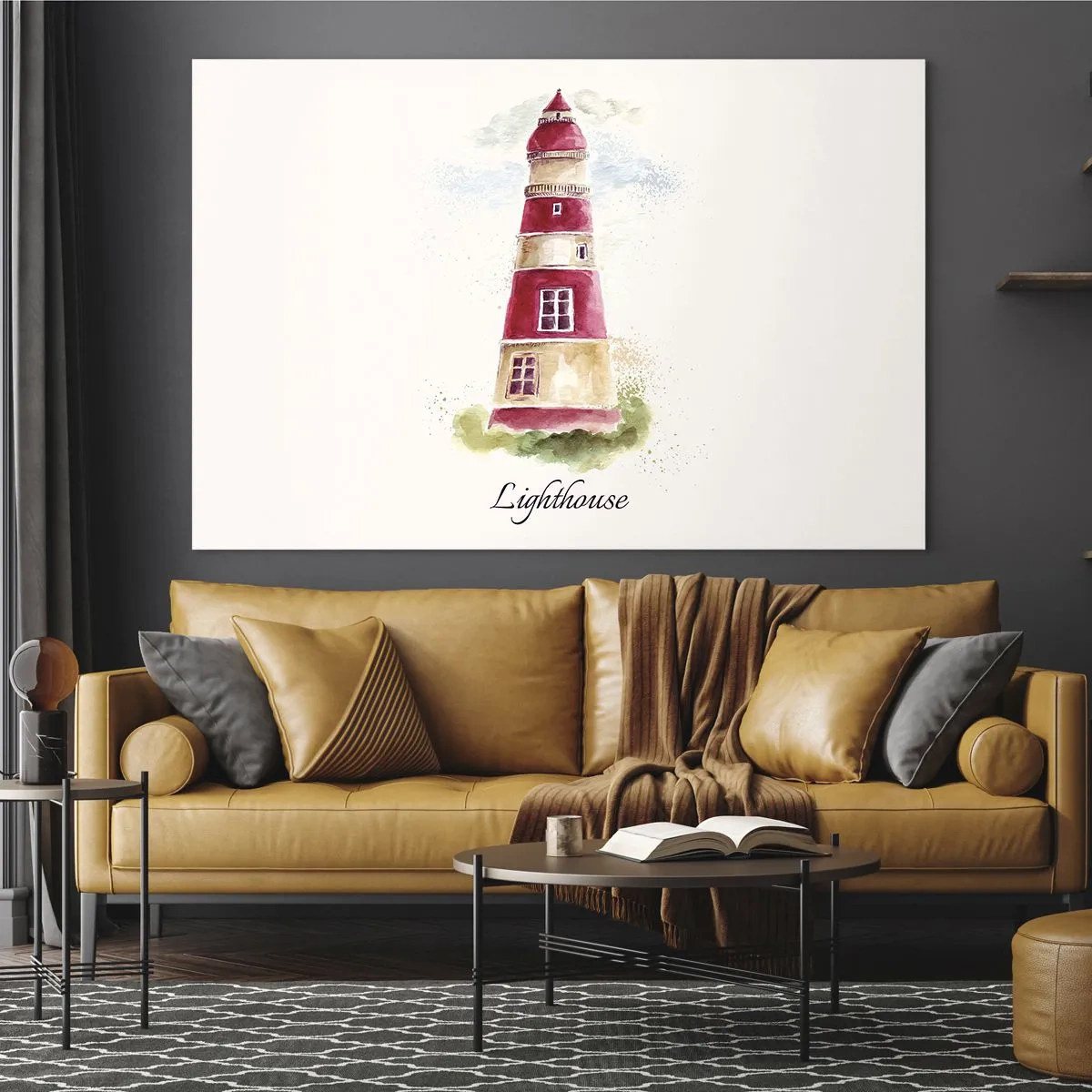 Cuadro sobre vidrio - Impresiones sobre Vidrio - Faro de acuarela con la inscripción Faro - 70x50cm - Siempre observando - Decoración de pared moderna para salón y dormitorio ARTTOR