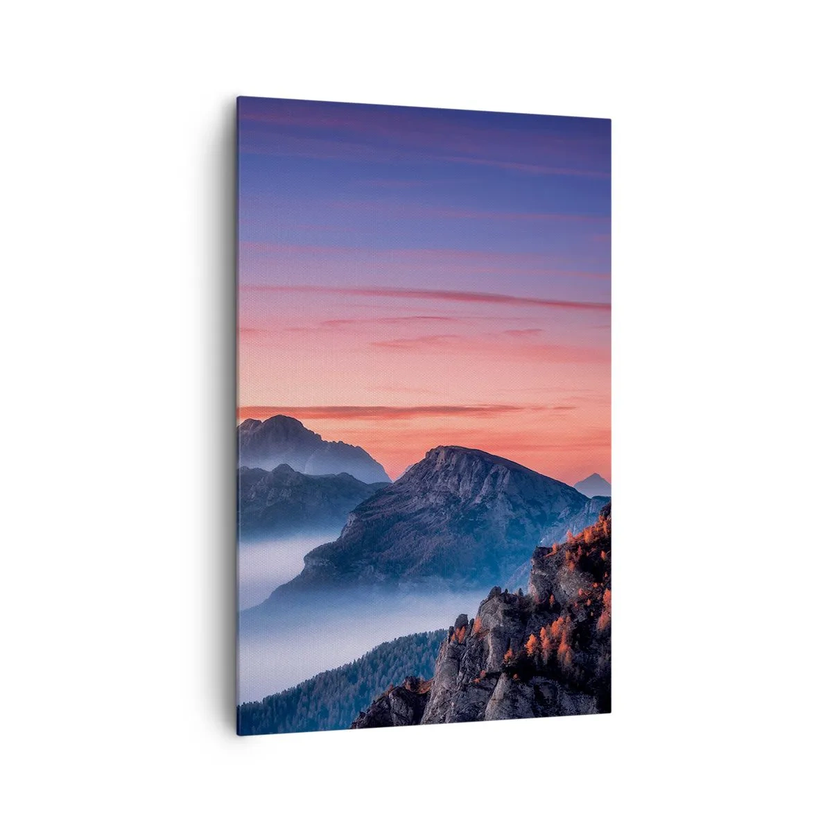 Cuadro sobre lienzo - Impresión de Imagen - Paisaje de montaña al amanecer con niebla en los valles. - 80x120cm - Sobre los valles - Decoración de pared moderna para salón y dormitorio ARTTOR