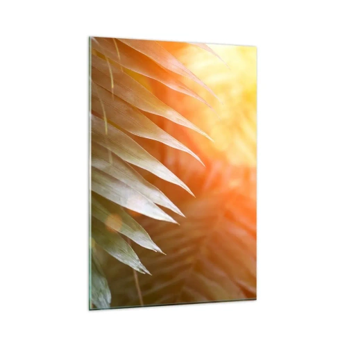 Cuadro sobre vidrio - Impresiones sobre Vidrio - Hojas de palma en los rayos del atardecer. - 80x120cm - Mañana en la selva - Decoración de pared moderna para salón y dormitorio ARTTOR