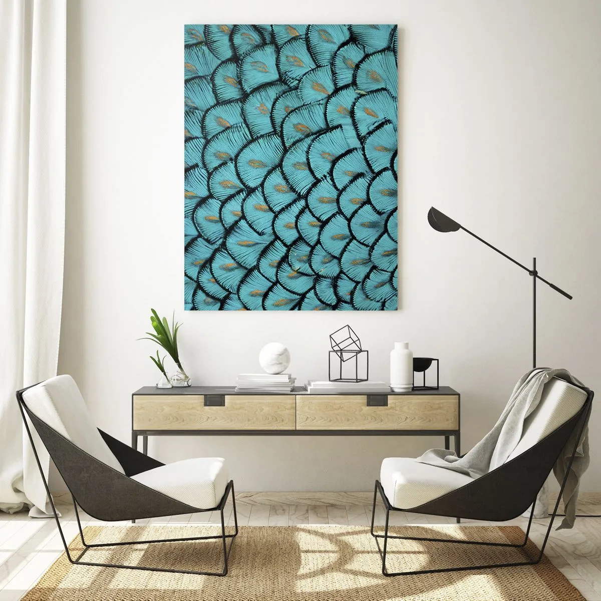 Cuadro sobre vidrio - Impresiones sobre Vidrio - Un primer plano de plumas de pavo real turquesa que forman un patrón decorativo. - 50x70cm - La gran gala de las plumas - Decoración de pared moderna para salón y dormitorio ARTTOR