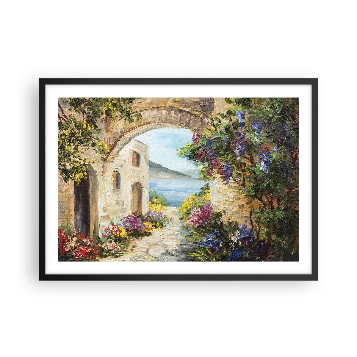 Póster en marco negro - Paisaje costero con edificios de piedra y flores. - 70x50cm - El encanto del paisaje costero - Decoración de pared moderna para salón y dormitorio ARTTOR