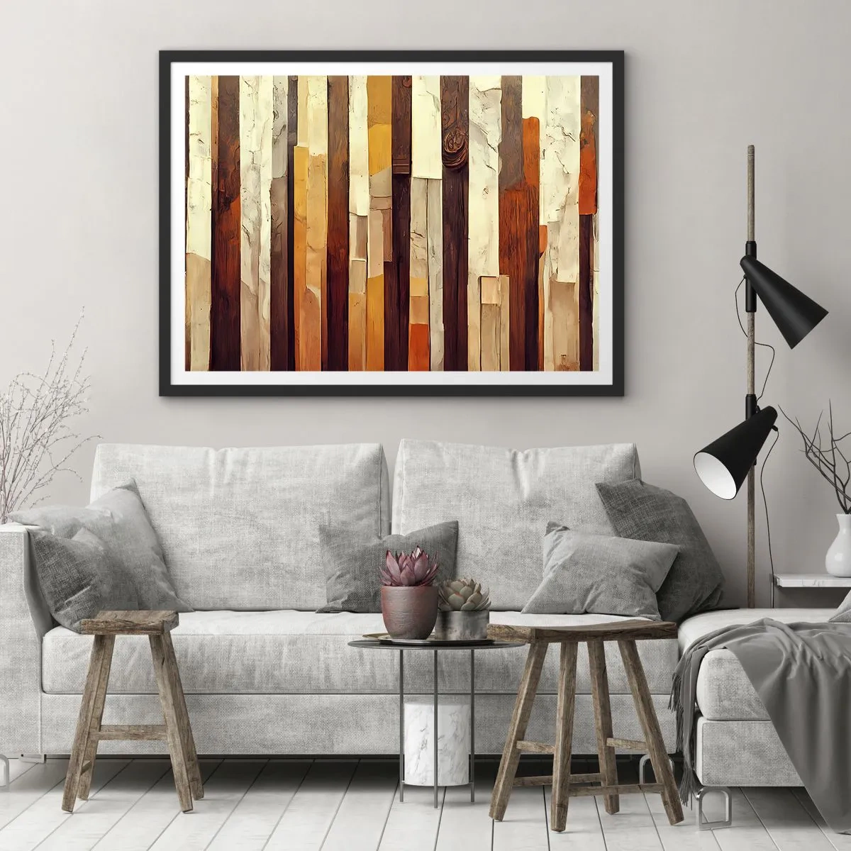 Póster en marco negro - Composición geométrica en tonos madera y dorado. - 70x50cm - Himno de los árboles del bosque - Decoración de pared moderna para salón y dormitorio ARTTOR