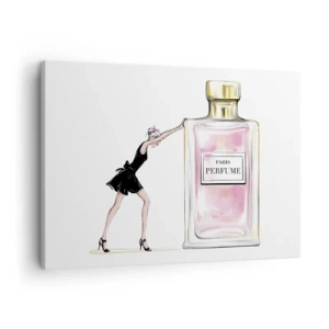 Cuadro sobre lienzo - Impresión de Imagen - Una mujer con un vestido negro junto a un frasco de perfume. - 70x50cm - La esencia de la feminidad - Decoración de pared moderna para salón y dormitorio ARTTOR