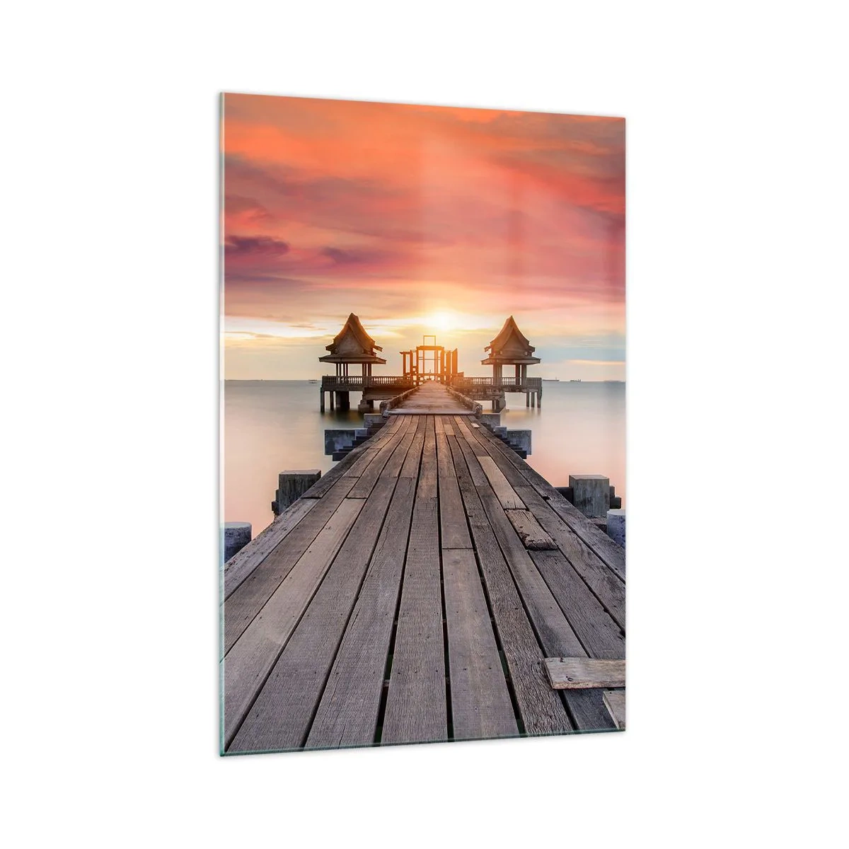 Cuadro sobre vidrio - Impresiones sobre Vidrio - Muelle de madera que conduce a los miradores al atardecer - 70x100cm - De este a oeste - Decoración de pared moderna para salón y dormitorio ARTTOR