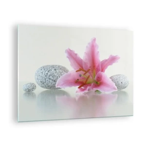 Cuadro sobre vidrio - Impresiones sobre Vidrio - Lirio rosa sobre un fondo de piedras blancas en estilo spa. - 70x50cm - Estudio en rosa, gris y blanco - Decoración de pared moderna para salón y dormitorio ARTTOR