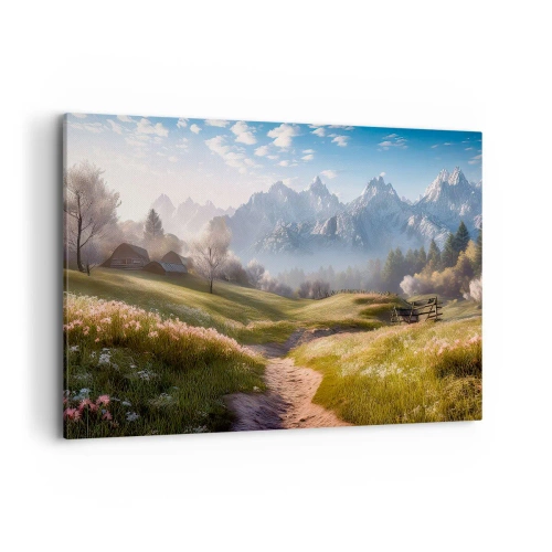 Cuadro sobre lienzo - Impresión de Imagen - Un valle de montaña con prados, cabañas y vistas a los picos. - 120x80cm - Valle idílico - Decoración de pared moderna para salón y dormitorio ARTTOR