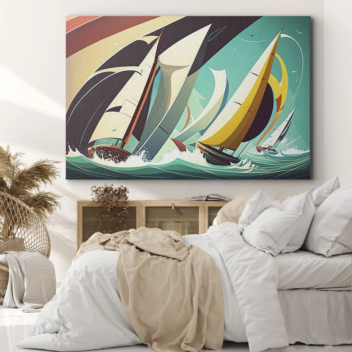 Cuadro sobre lienzo - Impresión de Imagen - Una ilustración dinámica de veleros en un mar tempestuoso. - 70x50cm - Afrontar los elementos - Decoración de pared moderna para salón y dormitorio ARTTOR