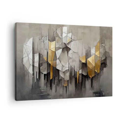 Cuadro sobre lienzo - Impresión de Imagen - Abstracción geométrica en tonos dorados y grises. - 70x50cm - Composición hecha de hielo y luz - Decoración de pared moderna para salón y dormitorio ARTTOR