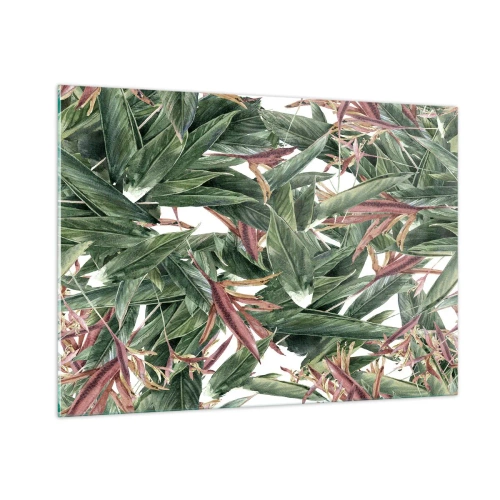 Cuadro sobre vidrio - Impresiones sobre Vidrio - Hojas en tonos verdes y burdeos sobre un fondo claro. - 100x70cm - Naturaleza esmeralda y lila - Decoración de pared moderna para salón y dormitorio ARTTOR