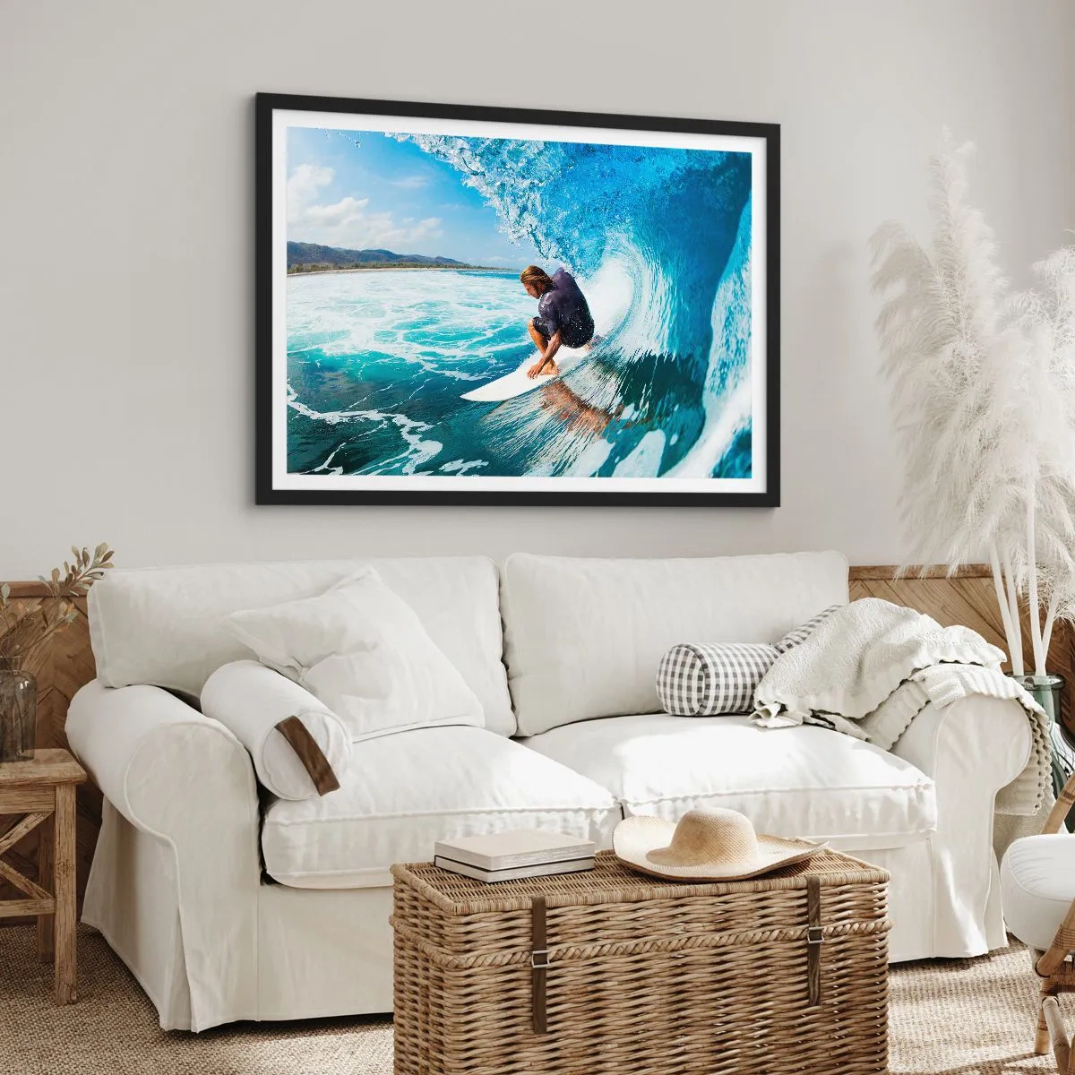 Póster en marco negro - Un surfista en una pose dinámica sobre una ola en agua turquesa. - 70x50cm - Bailando con las olas - Decoración de pared moderna para salón y dormitorio ARTTOR