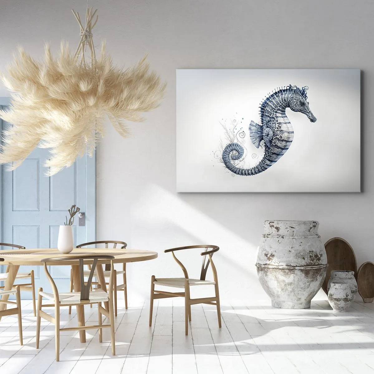 Cuadro sobre lienzo - Impresión de Imagen - Caballito de mar en tonos azules con detalles de acuarela - 120x80cm - Una sutil broma de la naturaleza - Decoración de pared moderna para salón y dormitorio ARTTOR