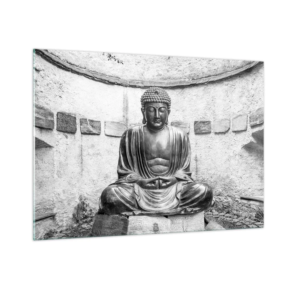 Cuadro sobre vidrio - Impresiones sobre Vidrio - Estatua en blanco y negro de Buda en pose meditativa. - 100x70cm - En la fuente de la paz - Decoración de pared moderna para salón y dormitorio ARTTOR