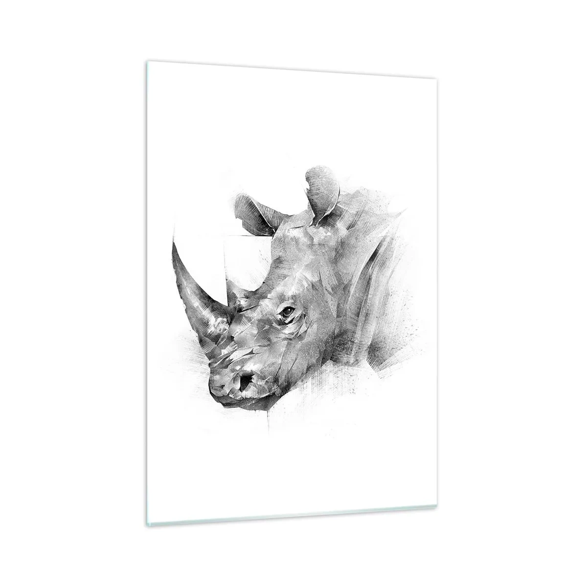 Cuadro sobre vidrio - Impresiones sobre Vidrio - Retrato en blanco y negro de un rinoceronte en un enfoque artístico. - 50x70cm - Retrato africano - Decoración de pared moderna para salón y dormitorio ARTTOR