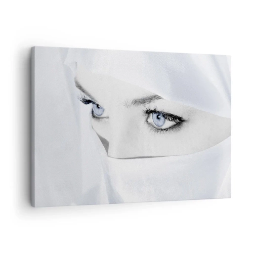 Cuadro sobre lienzo - Impresión de Imagen - Retrato de una mujer con ojos azules ocultos tras un velo blanco. - 70x50cm - Directamente de las mil y una noches - Decoración de pared moderna para salón y dormitorio ARTTOR