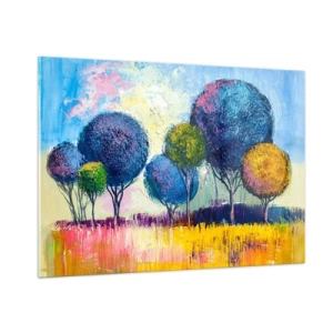 Cuadro sobre vidrio - Impresiones sobre Vidrio - Árboles coloridos contra un fondo de paisaje abstracto - 100x70cm - Una esfera: la forma de un ideal - Decoración de pared moderna para salón y dormitorio ARTTOR