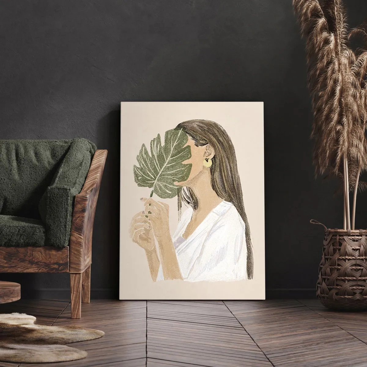 Cuadro sobre lienzo - Impresión de Imagen - Retrato de una mujer con una hoja de monstera sobre un fondo beige. - 80x120cm - Retrato misterioso con un abanico - Decoración de pared moderna para salón y dormitorio ARTTOR