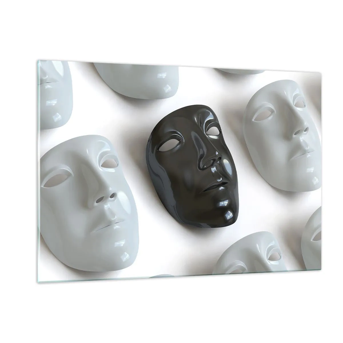 Cuadro sobre vidrio - Impresiones sobre Vidrio - Una máscara en blanco y negro sobre un fondo de máscaras blancas sobre un fondo claro. - 120x80cm - ¿Cómo destacar? - Decoración de pared moderna para salón y dormitorio ARTTOR