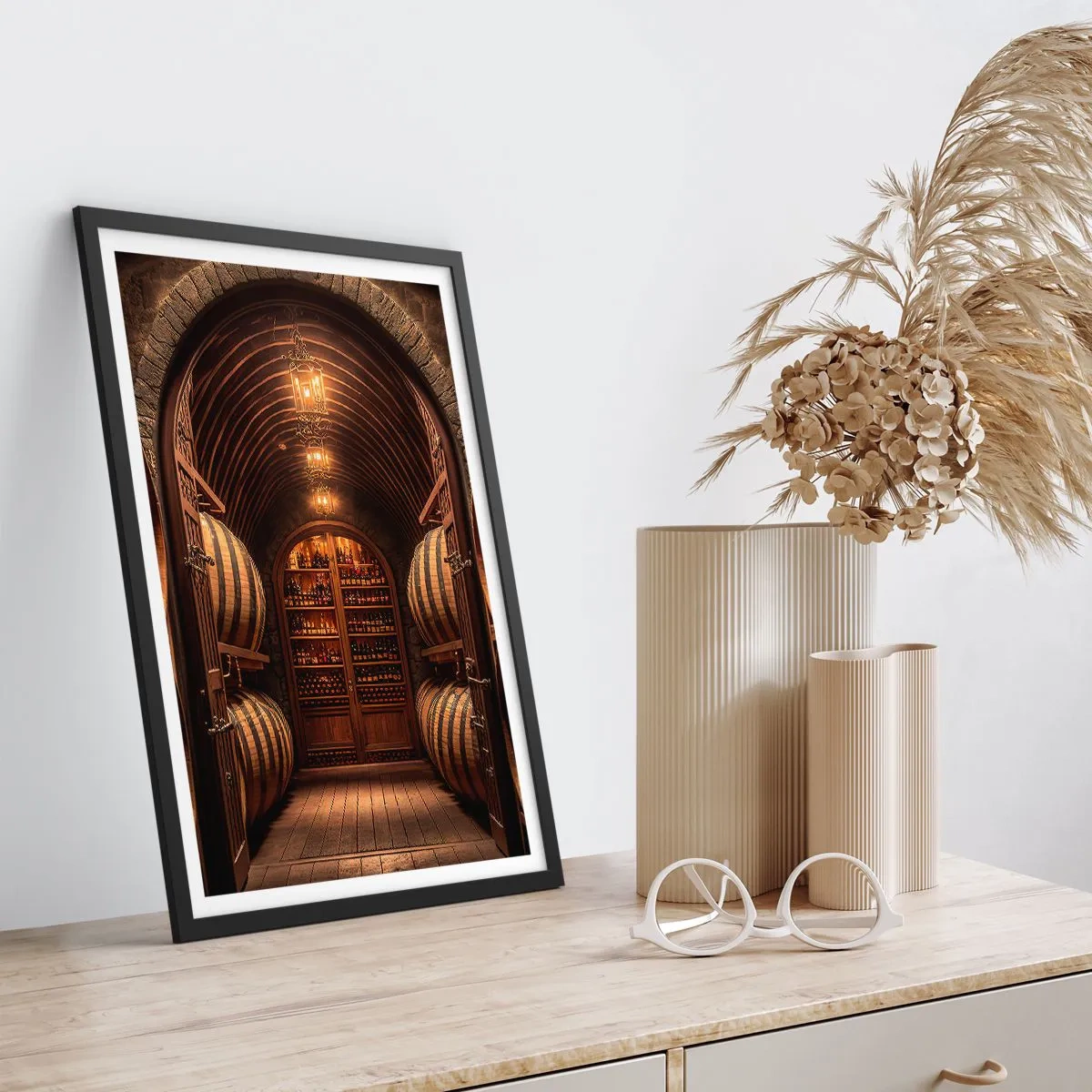 Póster en marco negro - Elegante bodega con barricas de madera. - 50x70cm - Sótano atmosférico - Decoración de pared moderna para salón y dormitorio ARTTOR