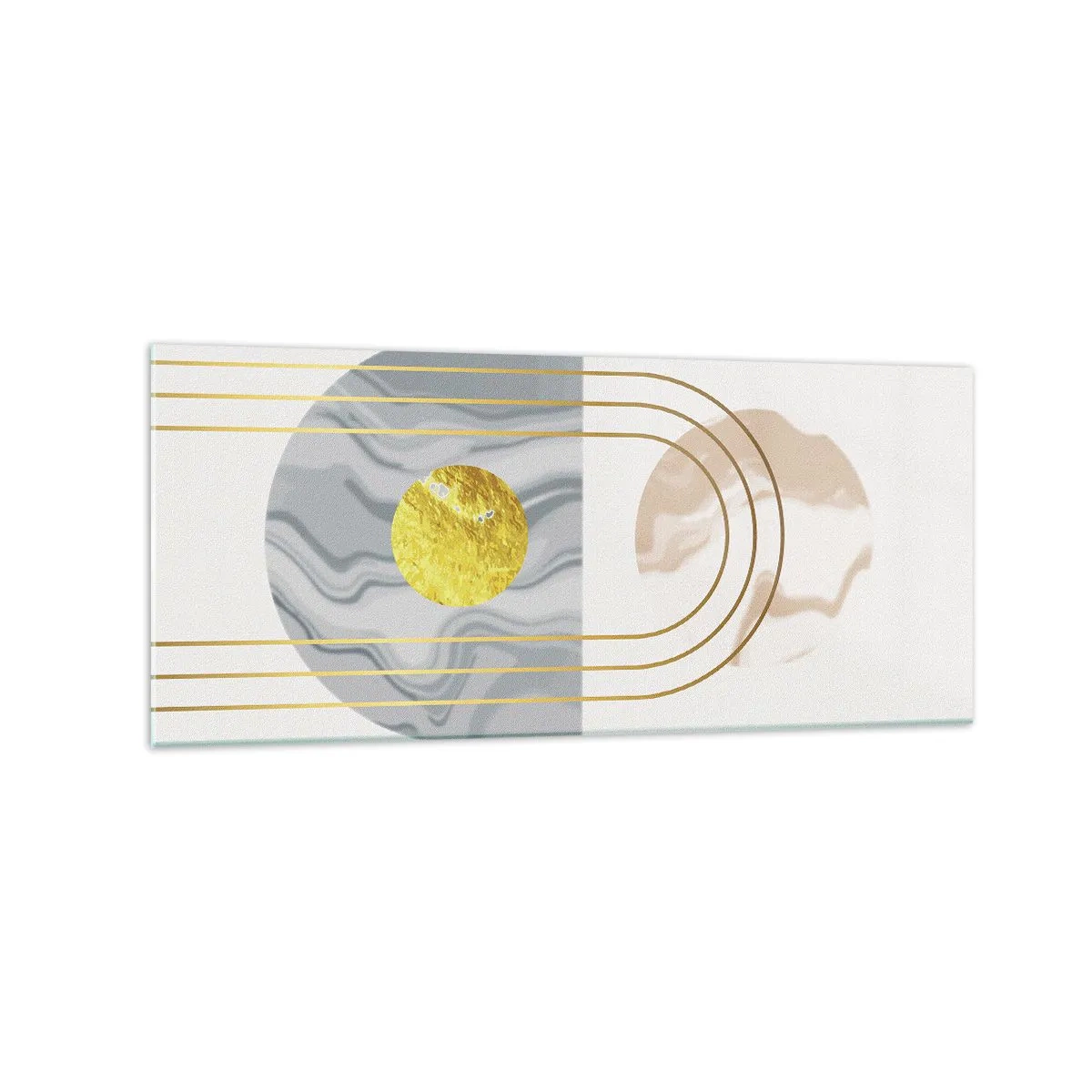 Cuadro sobre vidrio - Impresiones sobre Vidrio - Composición abstracta con círculos y líneas doradas sobre fondo claro. - 120x50cm - Brillo y resplandor - Decoración de pared moderna para salón y dormitorio ARTTOR