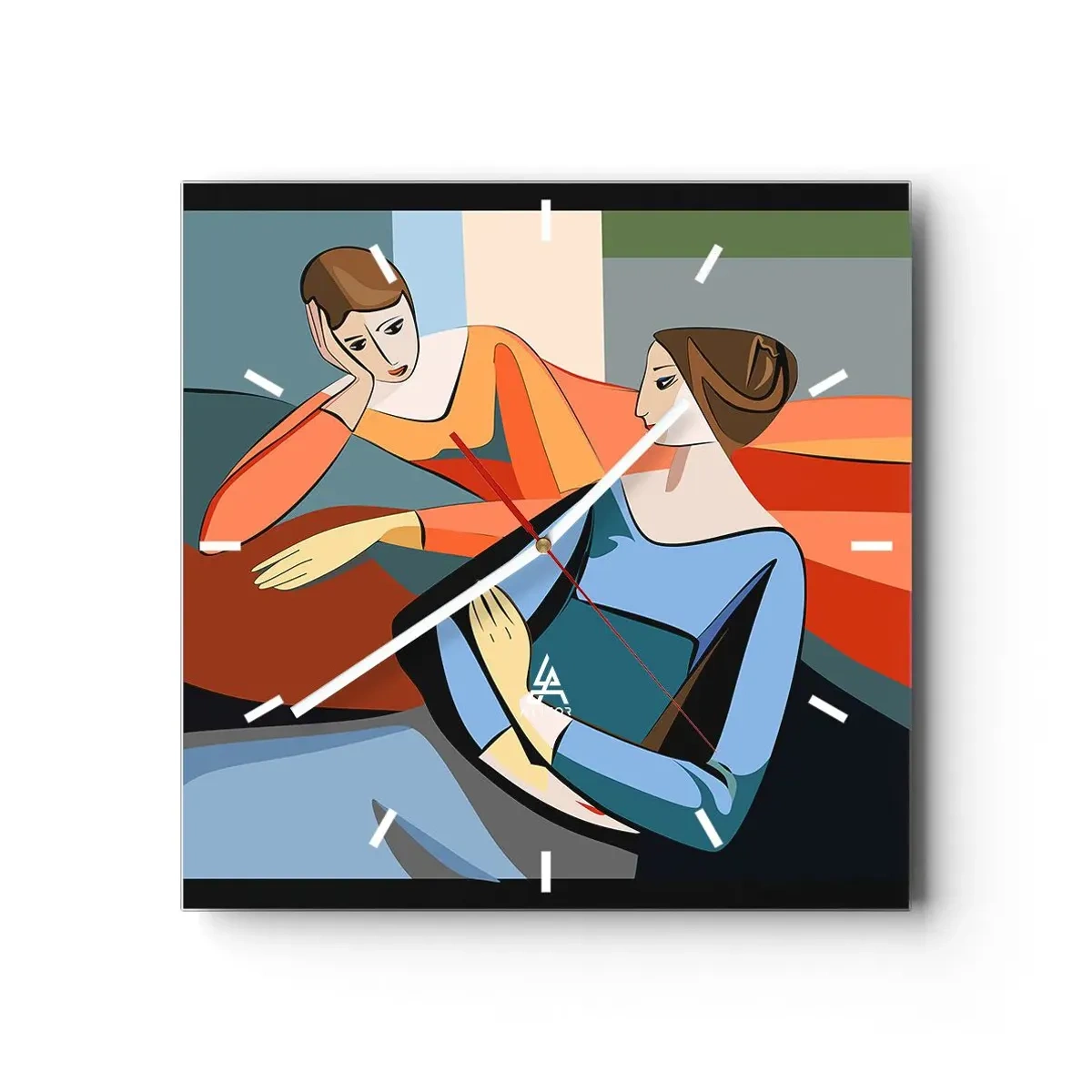 Reloj de pared - Reloj de vidrio - Ilustración abstracta de dos mujeres en estilo cubista. - 30x30cm - Un momento de confidencias - Decoración de pared moderna para salón y dormitorio ARTTOR