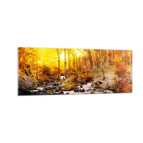 Cuadro sobre vidrio - Impresiones sobre Vidrio - Bosque otoñal con un arroyo entre hojas doradas - 140x50cm - Piedras bañadas en oro y platino - Decoración de pared moderna para salón y dormitorio ARTTOR