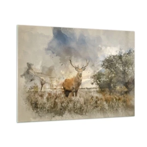 Cuadro sobre vidrio - Impresiones sobre Vidrio - Un ciervo en un paisaje natural con colores sutiles en el fondo. - 100x70cm - Dignidad - fuerza - encanto - Decoración de pared moderna para salón y dormitorio ARTTOR