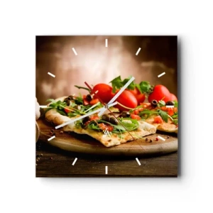 Reloj de pared - Reloj de vidrio - Pizza con verduras sobre tabla de madera en estilo rústico - 30x30cm - Directamente del horno y del jardín - Decoración de pared moderna para salón y dormitorio ARTTOR
