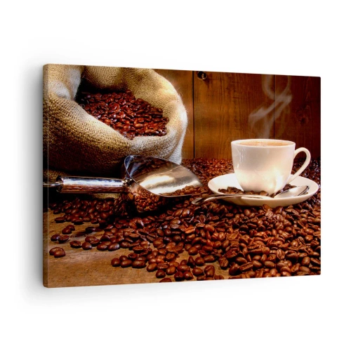 Cuadro sobre lienzo - Impresión de Imagen - Una taza de café con granos de café y una bolsa de granos al fondo. - 70x50cm - ¿Hueles eso? - Decoración de pared moderna para salón y dormitorio ARTTOR