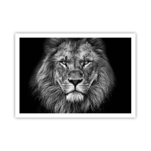 Póster - Retrato de un majestuoso león en blanco y negro - 100x70cm - Con el atuendo de la coronación - Decoración de pared moderna para salón y dormitorio ARTTOR