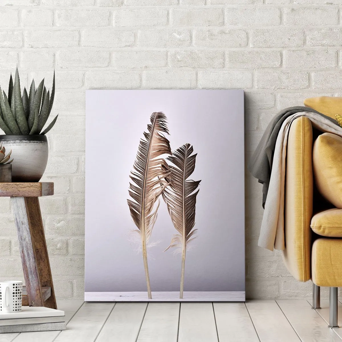 Cuadro sobre lienzo - Impresión de Imagen - Plumas delicadas sobre un fondo claro en estilo minimalista. - 70x100cm - Contra la nada - Decoración de pared moderna para salón y dormitorio ARTTOR