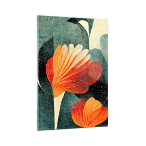Cuadro sobre vidrio - Impresiones sobre Vidrio - Flores en tonos intensos de naranja y verde. - 80x120cm - El calor del trópico y el frescor del verdor - Decoración de pared moderna para salón y dormitorio ARTTOR