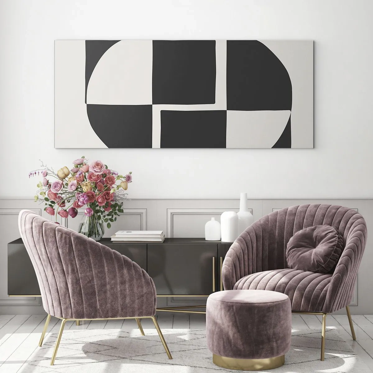 Cuadro sobre vidrio - Impresiones sobre Vidrio - Formas geométricas abstractas en blanco y negro - 160x50cm - Antítesis - síntesis - Decoración de pared moderna para salón y dormitorio ARTTOR